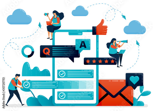 Q&a or question and answer to users to get feedback. Mobile survey apps to improve service. Fill out essay and questionnaire. Flat cartoon character for landing page, website, mobile, flyer, poster