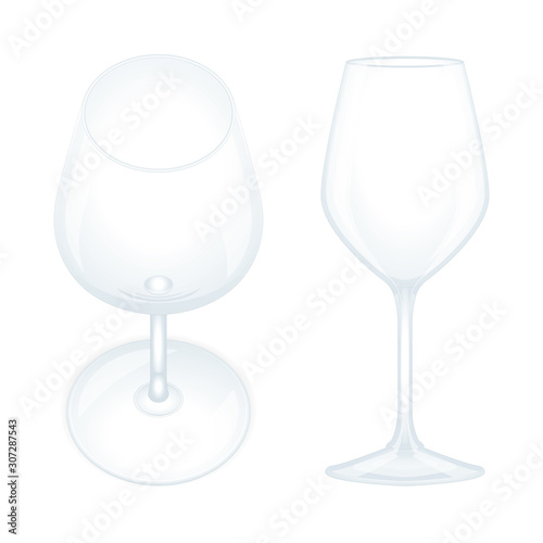 Wine glass. Realistic wine glasses top and side views vector illustrations set. Empty wine glasses. Part of set.