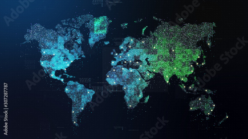 Fototapeta Naklejka Na Ścianę i Meble -  Futuristic global 5G worldwide communication via broadband internet connections between cities around the world with matrix particles continent map for head up display background