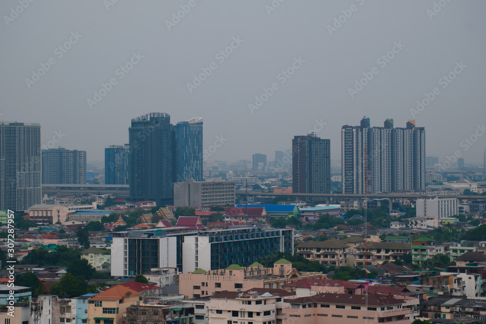 View from window of Bangkok City on a foggy day.