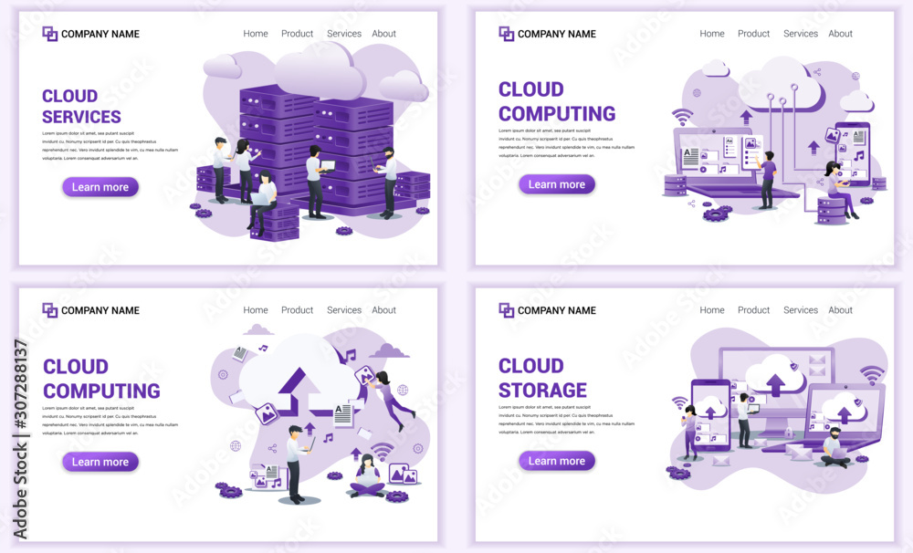 Set of web page design templates for cloud technology, cloud services, data management. Can use for web banner, poster, infographics, landing page, web template. Flat vector illustration