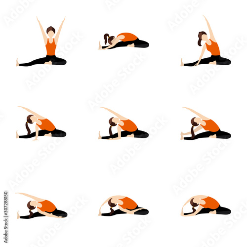 Revolved head to knee yoga asanas set/ Illustration stylized woman practicing parivrtta janu sirsasana variations