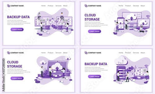 Set of web page design templates for backup data, cloud storage, data center. Can use for web banner, poster, infographics, landing page, web template. Flat vector illustration