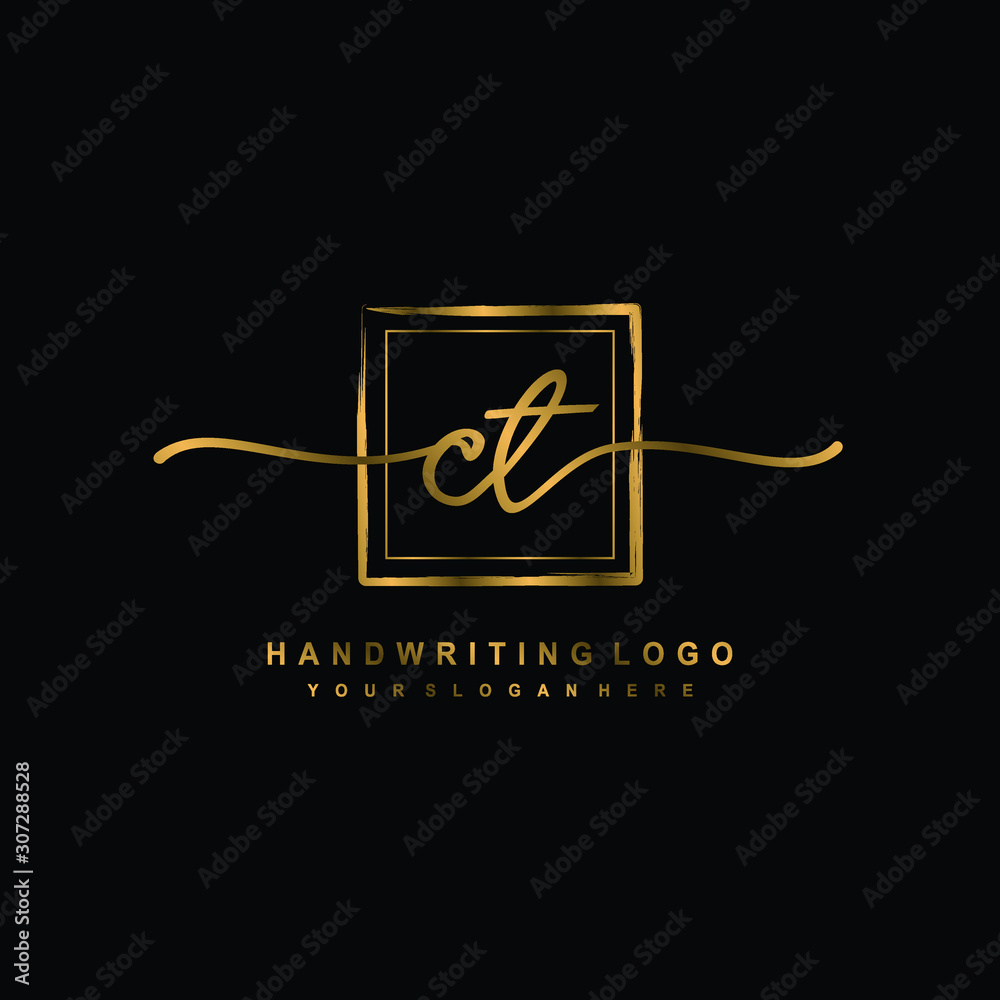 Initial C T handwriting logo design, with brush box lines gold color. handwritten logo for fashion, team, wedding, luxury logo. Initial C T handwriting logo design, with brush box lines gold color. handwritten logo for fashion, team, wedding, luxury logo.