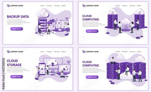 Set of web page design templates for backup data, cloud computing, cloud storage. Can use for web banner, poster, infographics, landing page, web template. Flat vector illustration