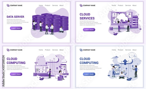 Set of web page design templates for cloud computing, cloud services, data server. Can use for web banner, poster, infographics, landing page, web template. Flat vector illustration