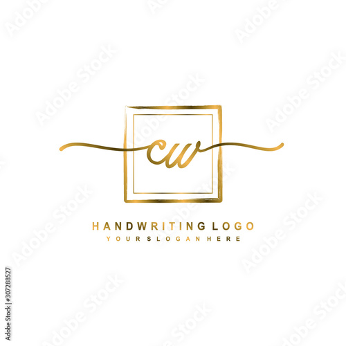 Initial C W handwriting logo design, with brush box lines gold color. handwritten logo for fashion, team, wedding, luxury logo.