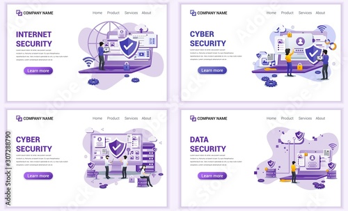 Set of web page design templates for internet security, cyber security. Can use for web banner, poster, infographics, landing page, web template. Flat vector illustration