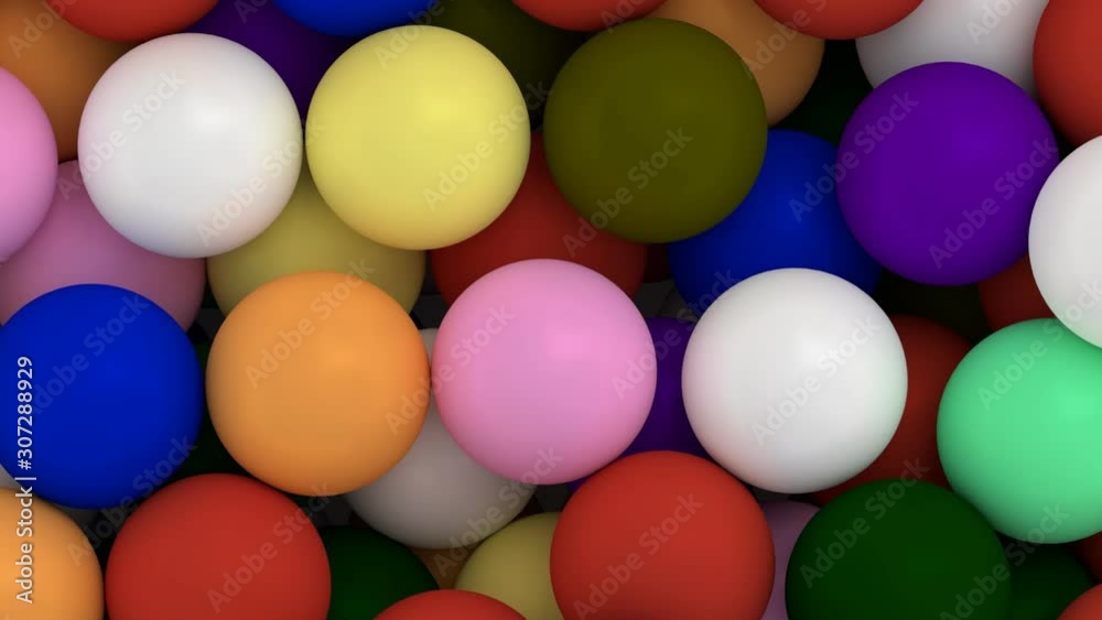 Animated top close up view and flying over pile of a lot of colorful ping pong or table tennis balls lying in large container or as if moving on conveyor belt. Animated top close up view and flying over pile of a lot of colorful ping pong or table tennis balls lying in large container or as if moving on conveyor belt.