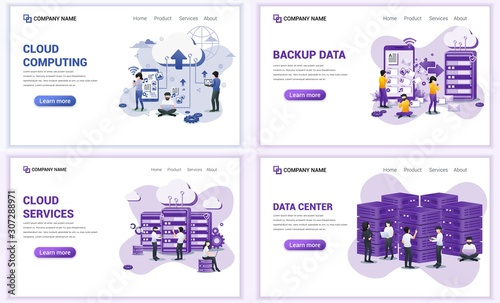 Set of web page design templates for cloud computing, data center. Can use for web banner, poster, infographics, landing page, web template. Flat vector illustration