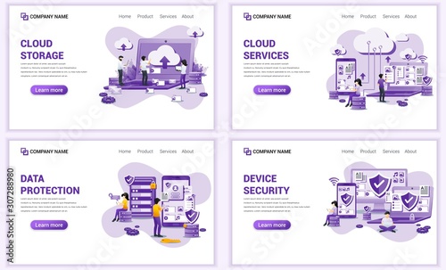 Set of web page design templates for cloud storage, data Security. Can use for web banner, poster, infographics, landing page, web template. Flat vector illustration