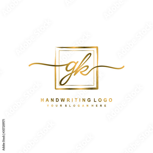 Initial G K handwriting logo design, with brush box lines gold color. handwritten logo for fashion, team, wedding, luxury logo.