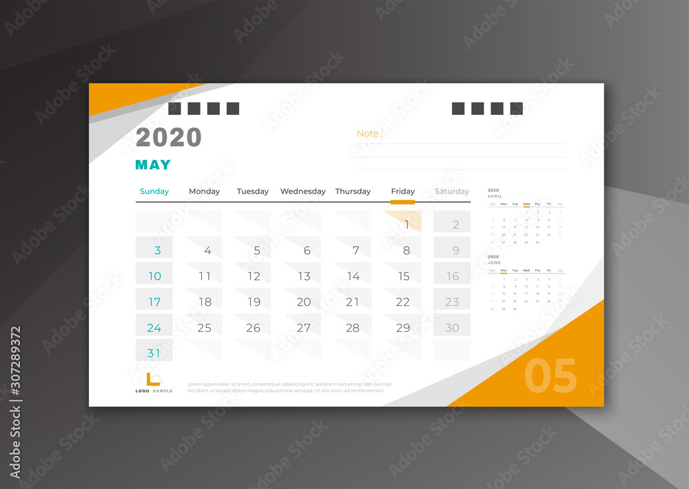 May 2020 desk calendar white and yellow theme