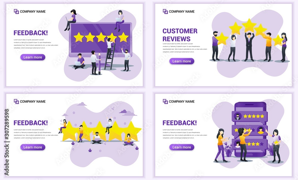 Set of web page design templates for Customer review, satisfaction, positive feedback. Can use for web banner, poster, infographics, landing page, web template. Flat vector illustration