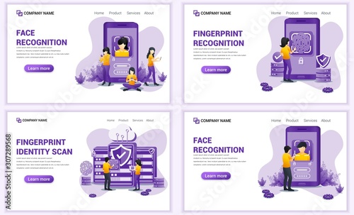 Set of web page design templates for Face and Fingerprint recognition, Biometric identification. Can use for web banner, poster, infographics, landing page, web template. Flat vector illustration