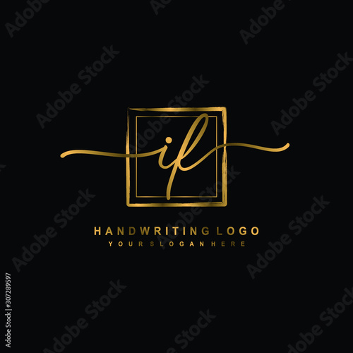 Initial I F handwriting logo design, with brush box lines gold color. handwritten logo for fashion, team, wedding, luxury logo. photo