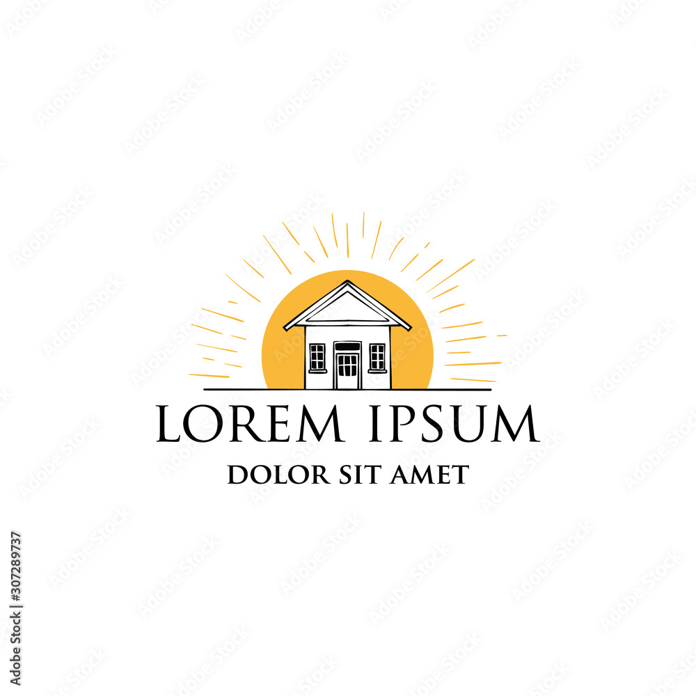 Nice house with sunrise in background logo design Nice house with sunrise in background logo design
