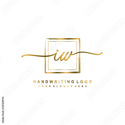 Initial I W handwriting logo design, with brush box lines gold color. handwritten logo for fashion, team, wedding, luxury logo.
