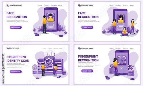 Set of web page design templates for Face and Fingerprint recognition, Biometric identification. Can use for web banner, poster, infographics, landing page, web template. Flat vector illustration