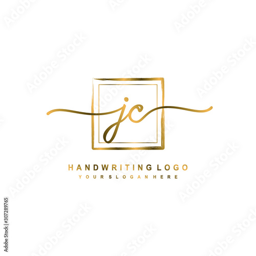 Initial J C handwriting logo design, with brush box lines gold color. handwritten logo for fashion, team, wedding, luxury logo. photo