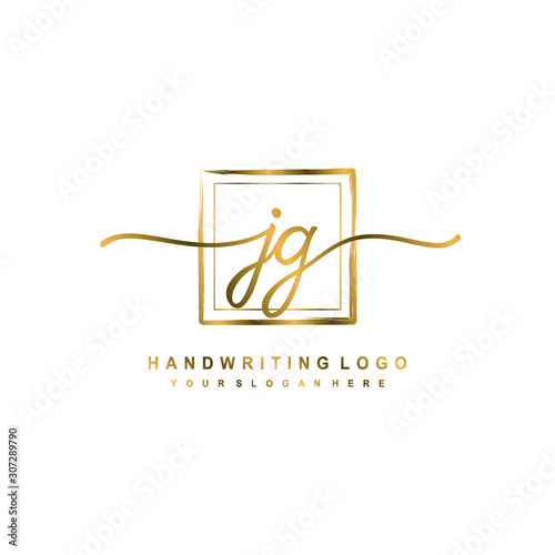 Initial J G handwriting logo design, with brush box lines gold color. handwritten logo for fashion, team, wedding, luxury logo.
