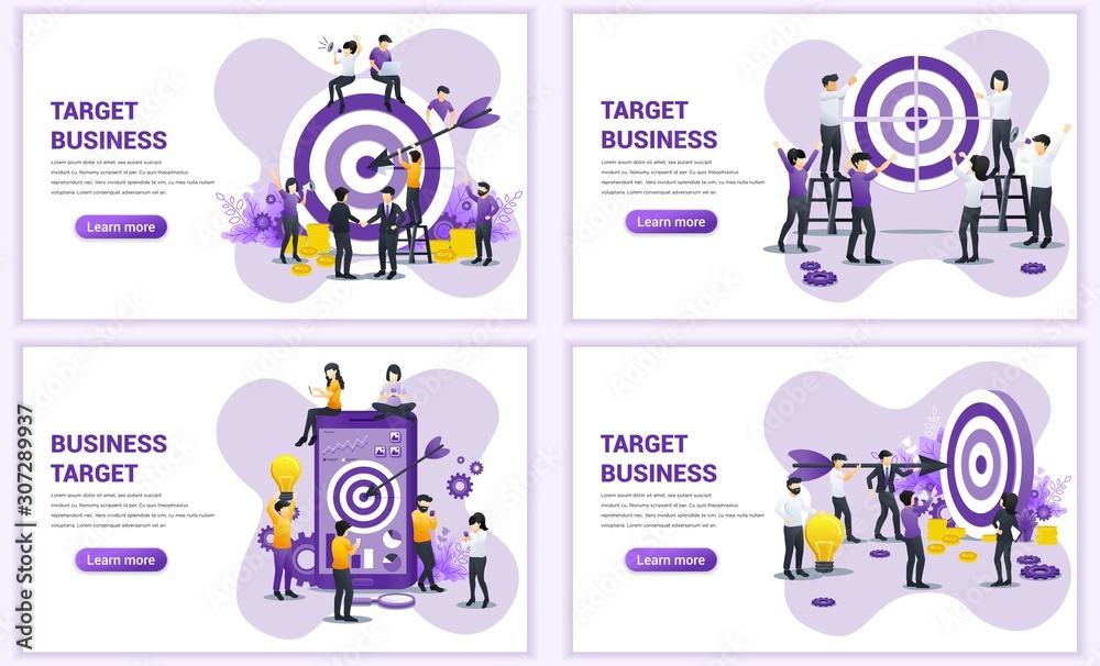 Set of web page design templates for business target. Reach the target of business. Goal achievement, partnership, leadership. Can use for web banner, web template. Flat vector illustration Set of web page design templates for business target. Reach the target of business. Goal achievement, partnership, leadership. Can use for web banner, web template. Flat vector illustration