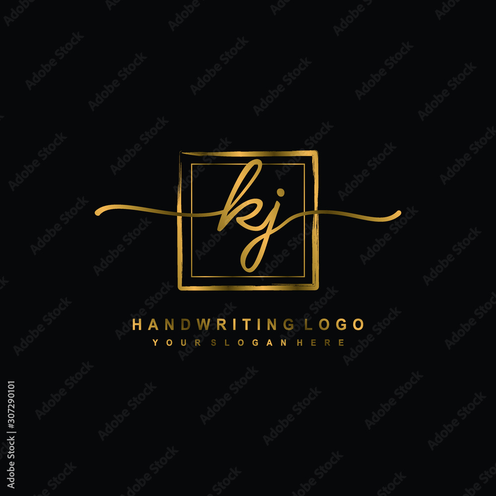 Initial K J handwriting logo design, with brush box lines gold color. handwritten logo for fashion, team, wedding, luxury logo. Initial K J handwriting logo design, with brush box lines gold color. handwritten logo for fashion, team, wedding, luxury logo.