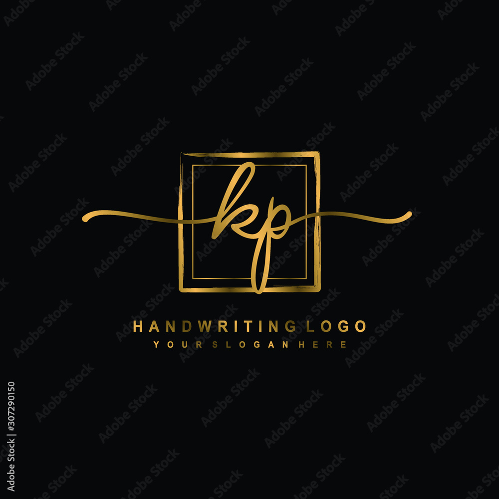 Initial K P handwriting logo design, with brush box lines gold color. handwritten logo for fashion, team, wedding, luxury logo. - obrazy, fototapety, plakaty 