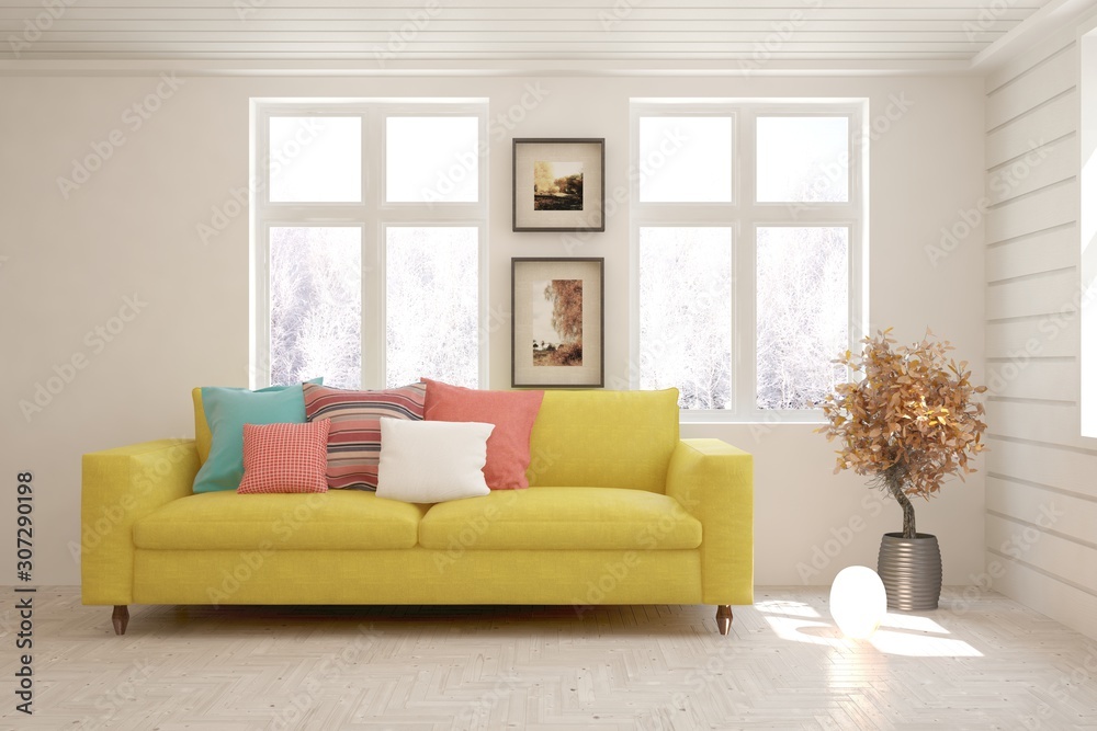 Stylish room in white color with sofa and winter landscape in window. Scandinavian interior design. 3D illustration Stylish room in white color with sofa and winter landscape in window. Scandinavian interior design. 3D illustration