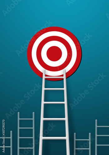 Stand out from the crowd and think different creative idea concepts. Longest white ladder and aiming high to goal target