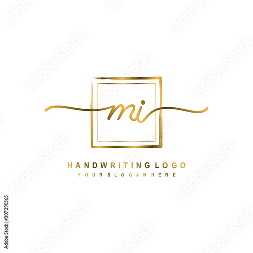 Initial M I handwriting logo design, with brush box lines gold color. handwritten logo for fashion, team, wedding, luxury logo.