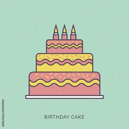 Playful birthday cake with candle. Red and green color with outline concept.