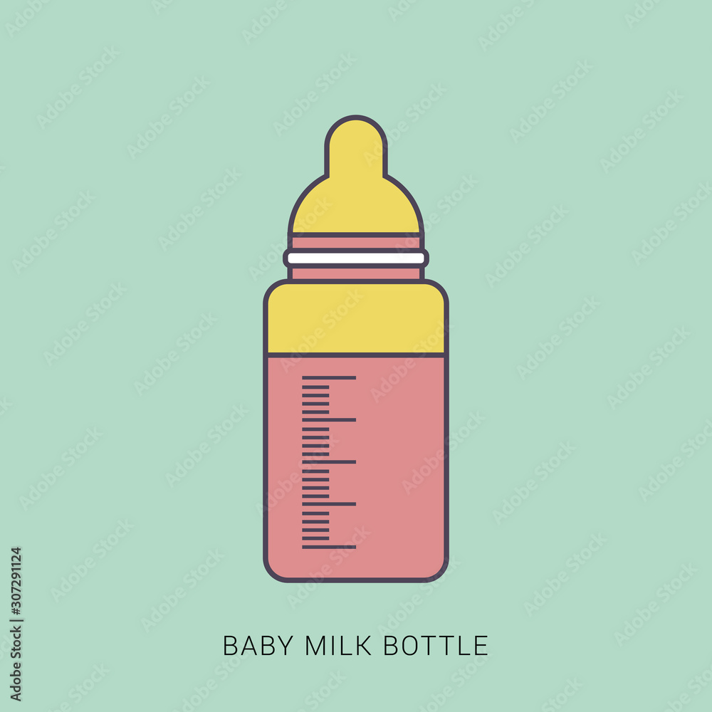 Baby milk bottle in cartoon flat style, stock vector illustration. Red and  green color with outline concept. Stock Vector | Adobe Stock