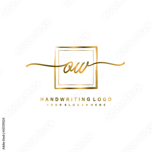 Initial O W handwriting logo design, with brush box lines gold color. handwritten logo for fashion, team, wedding, luxury logo.