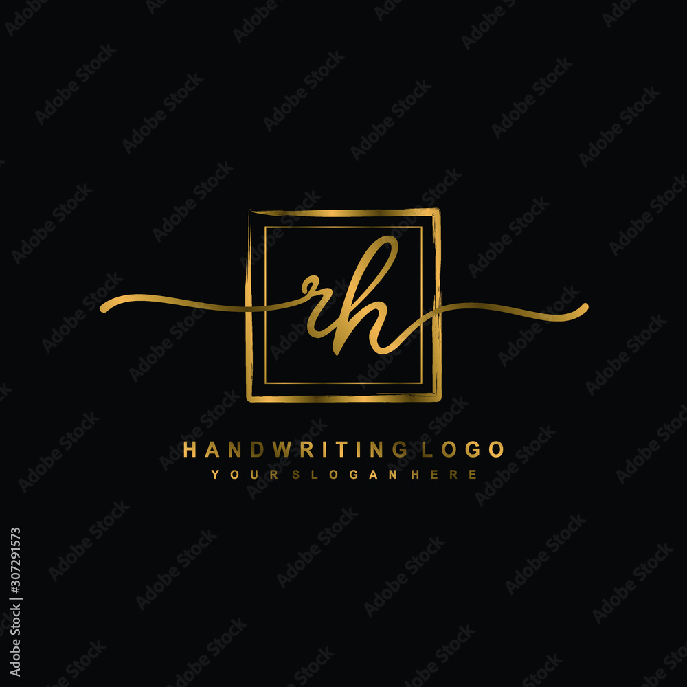 Initial R H handwriting logo design, with brush box lines gold color. handwritten logo for fashion, team, wedding, luxury logo. Initial R H handwriting logo design, with brush box lines gold color. handwritten logo for fashion, team, wedding, luxury logo.