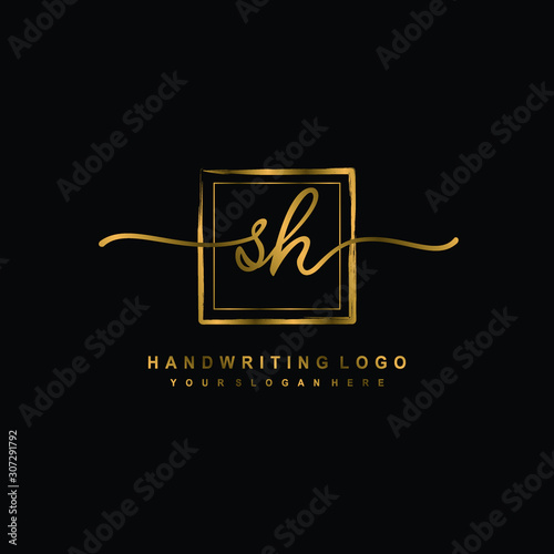 Initial S H handwriting logo design, with brush box lines gold color. handwritten logo for fashion, team, wedding, luxury logo. photo