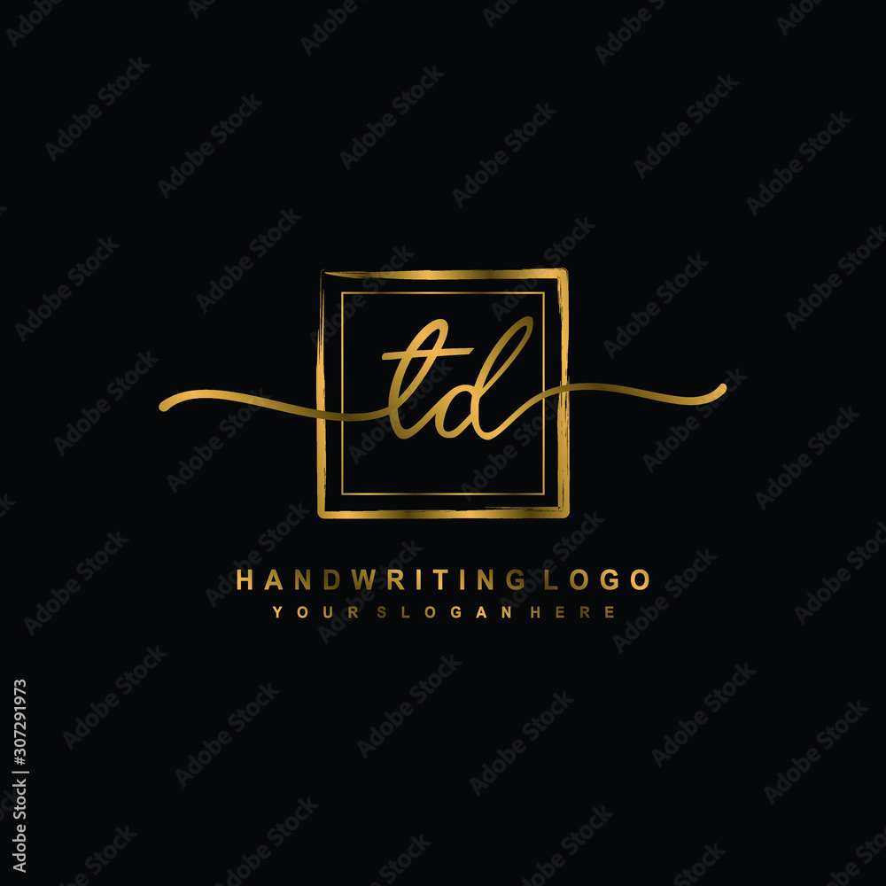 Initial T D handwriting logo design, with brush box lines gold color. handwritten logo for fashion, team, wedding, luxury logo. Initial T D handwriting logo design, with brush box lines gold color. handwritten logo for fashion, team, wedding, luxury logo.