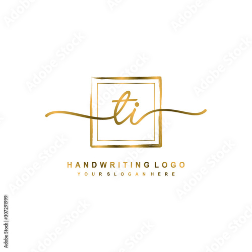 Initial T I handwriting logo design, with brush box lines gold color. handwritten logo for fashion, team, wedding, luxury logo.