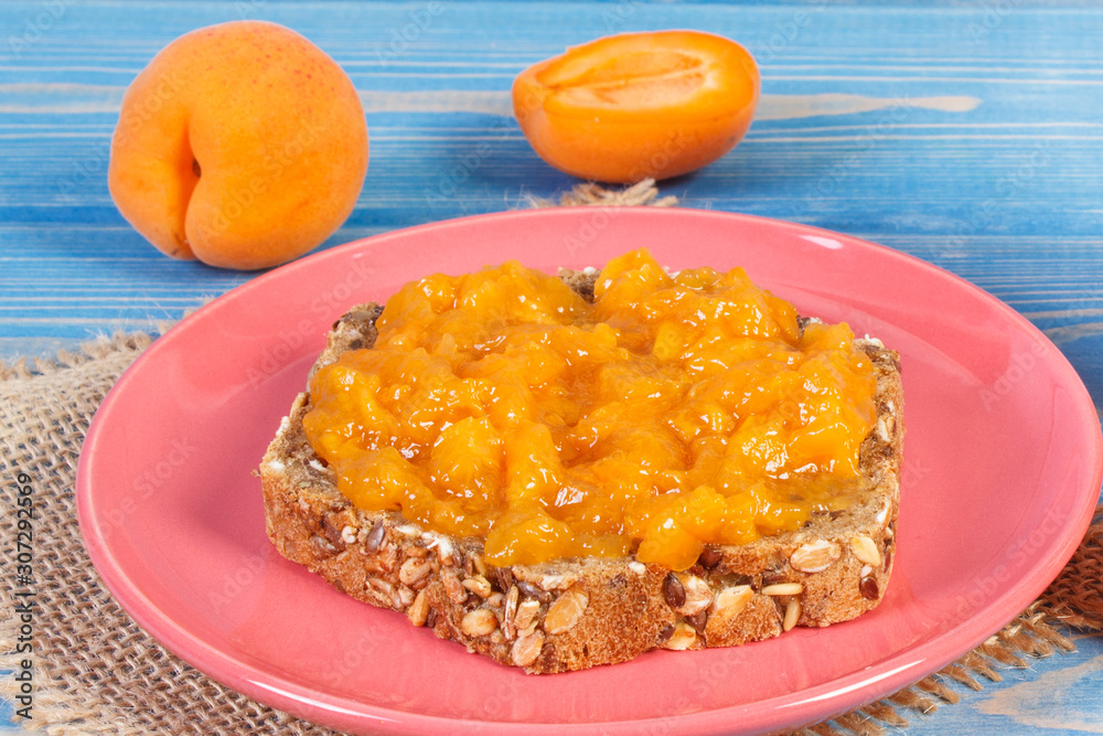Sandwich with natural apricot jam and fruits, concept for healthy snack