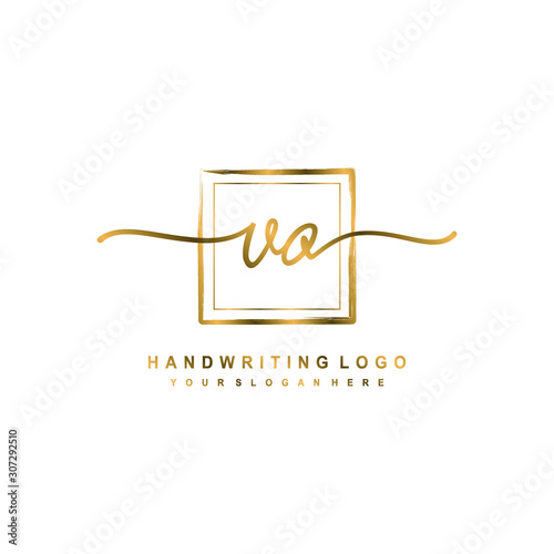 Initial V O handwriting logo design, with brush box lines gold color. handwritten logo for fashion, team, wedding, luxury logo.