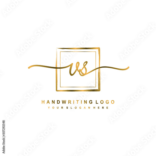 Initial V S handwriting logo design, with brush box lines gold color. handwritten logo for fashion, team, wedding, luxury logo.