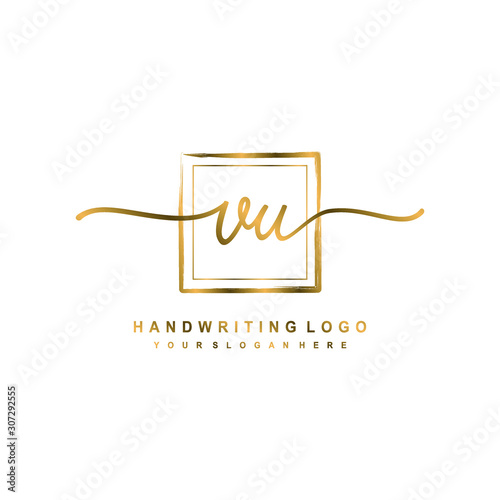 Initial V U handwriting logo design, with brush box lines gold color. handwritten logo for fashion, team, wedding, luxury logo.