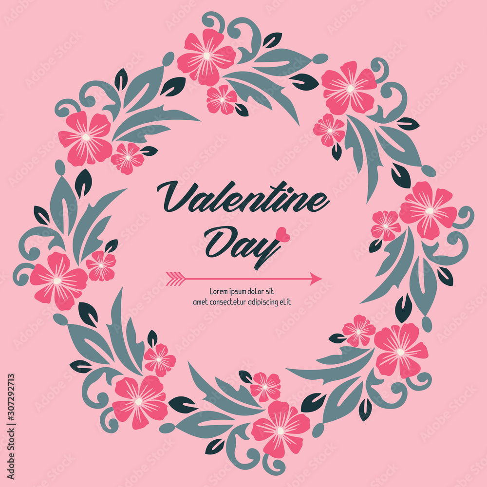 Greeting card template of valentine day, with seamless leaf flower frame. Vector