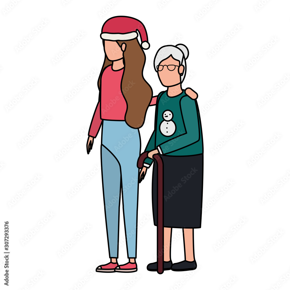 cute grandmother with daughter using christmas hat cute grandmother with daughter using christmas hat
