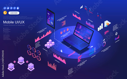 Application of laptop with business graph and analytics data on isometric laptop . Analysis trends and financial strategy by using infographic chart. Online statistics and data Analytics.