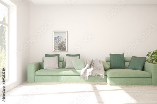 Stylish room in white color with sofa. Scandinavian interior design. 3D illustration