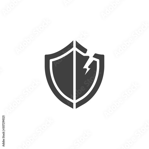 Broken security shield vector icon. filled flat sign for mobile concept and web design. Data unprotected glyph icon. Symbol, logo illustration. Vector graphics photo