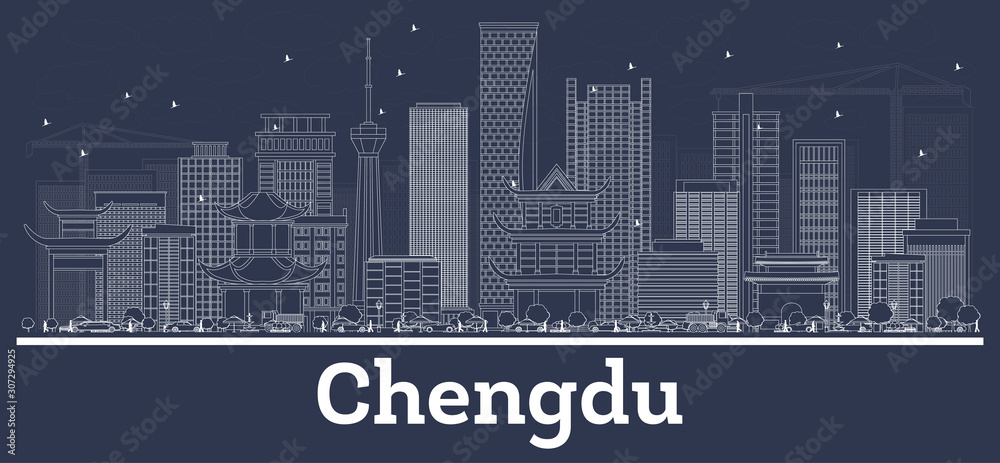 Outline Chengdu China City Skyline with White Buildings.
