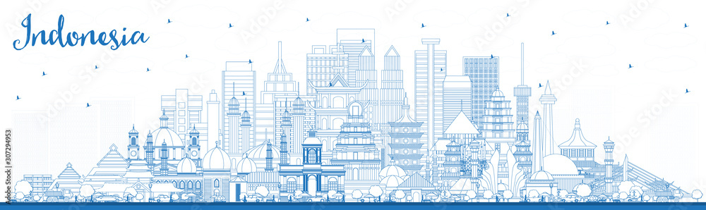 Outline Indonesia Cities Skyline with Blue Buildings.