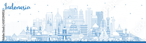 Outline Indonesia Cities Skyline with Blue Buildings. photo